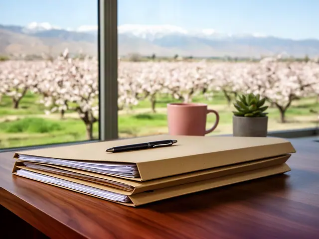 Stack of closed kraft folders with a pen on a desk by a window onto almond orchards in blossom