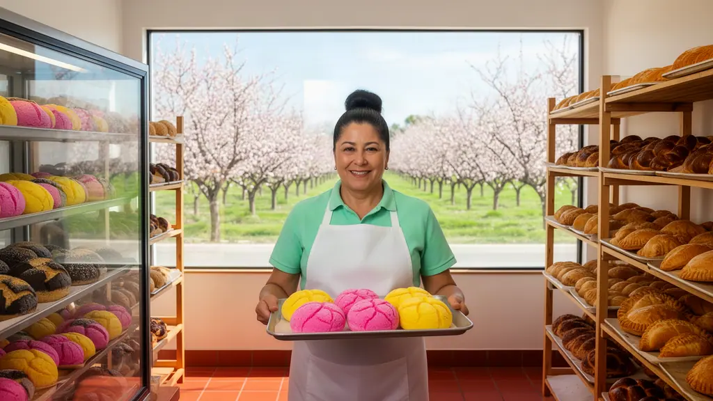 Smiling baker holding a tray of pink and yellow conchas in a bright panaderia with almond orchards in blossom outside