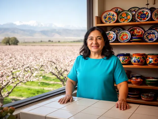 Smiling shop owner in a turquoise top behind a tiled counter with shelves of hand-painted ceramic plates and pots