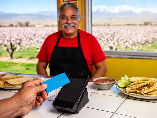Customer tapping a blue card on a payment terminal at a taqueria counter, the smiling owner behind